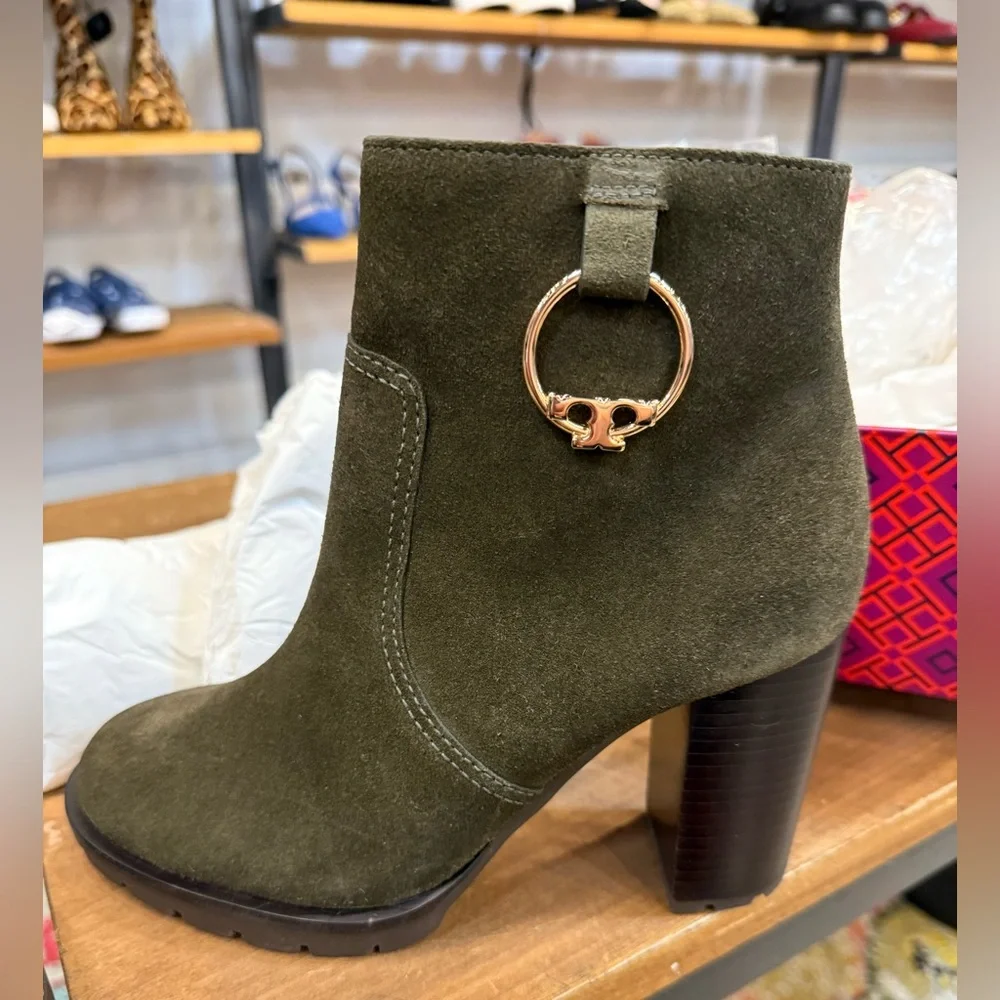 NWT Tory Burch Olive Suede Ankle Boots with Ring Detail 6